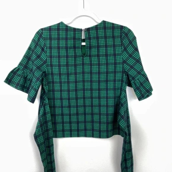 Good Luck Gem Emerald Green Plaid Flannel Ruffle Tie Blouse - Picture 3 of 7